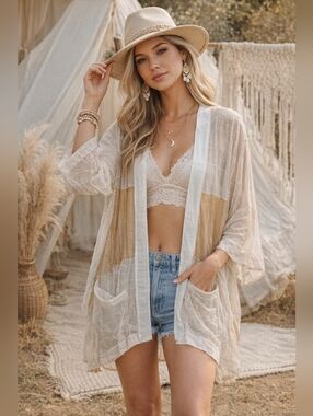 Young Threads Boho Sheer Patchwork Kimono Cardigan Cream Tan S
